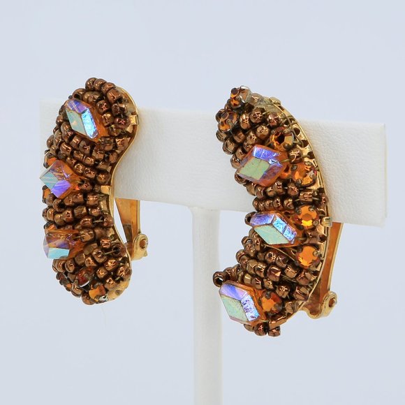 Vintage Hobé Beaded Climber Clip-On Earrings Circa 1960s - Picture 2 of 5